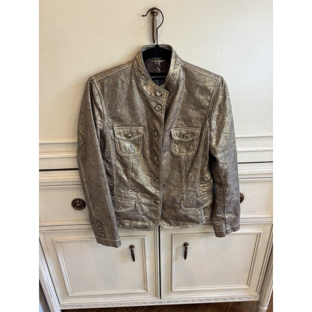 Luisa Cerano Gold Metallic‎ Button Up Blazer Jacket Ornate Made Italy Cotton 6